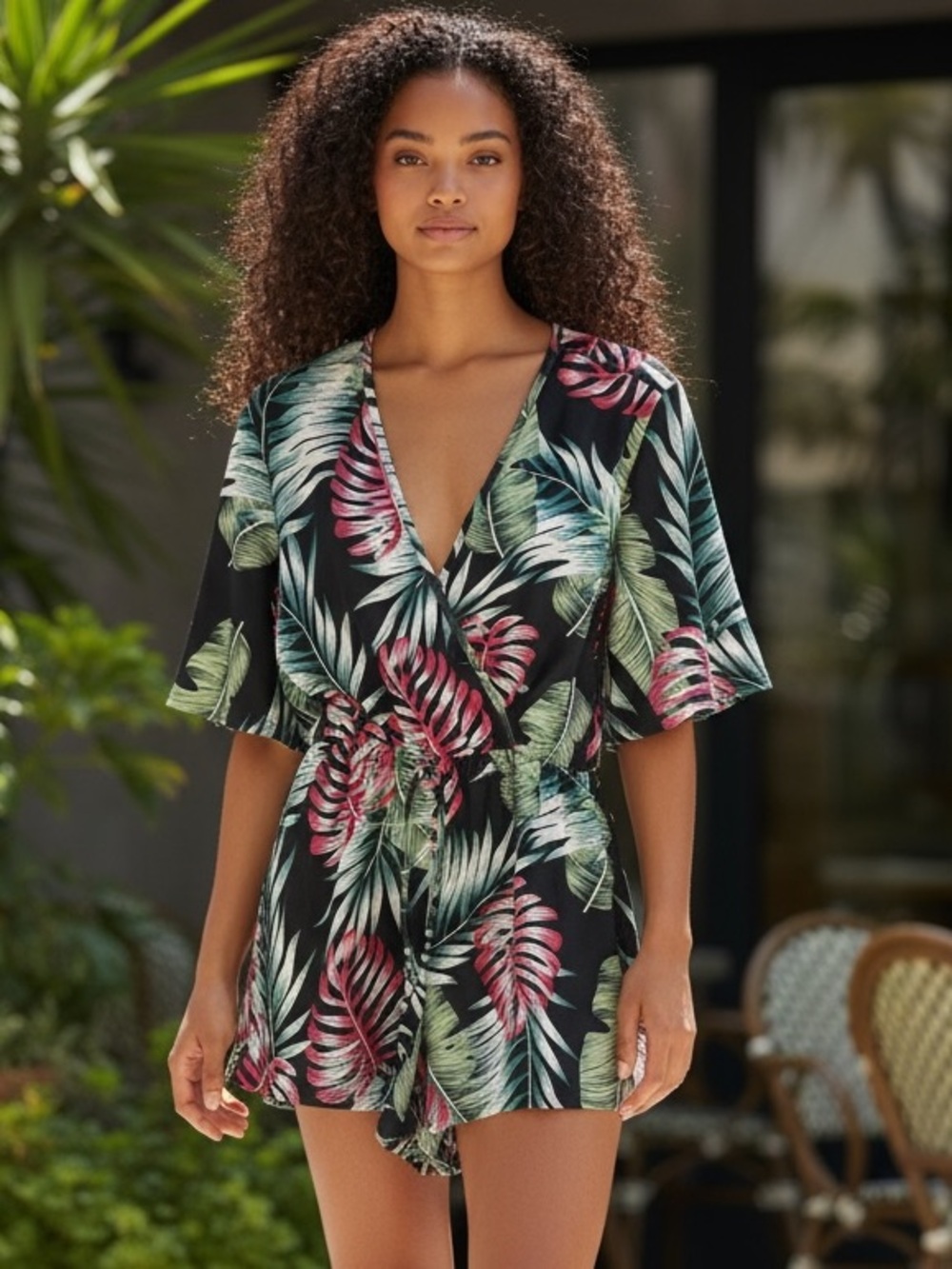 Tropical Print Black Wrap Romper - Women's Jumpsuit